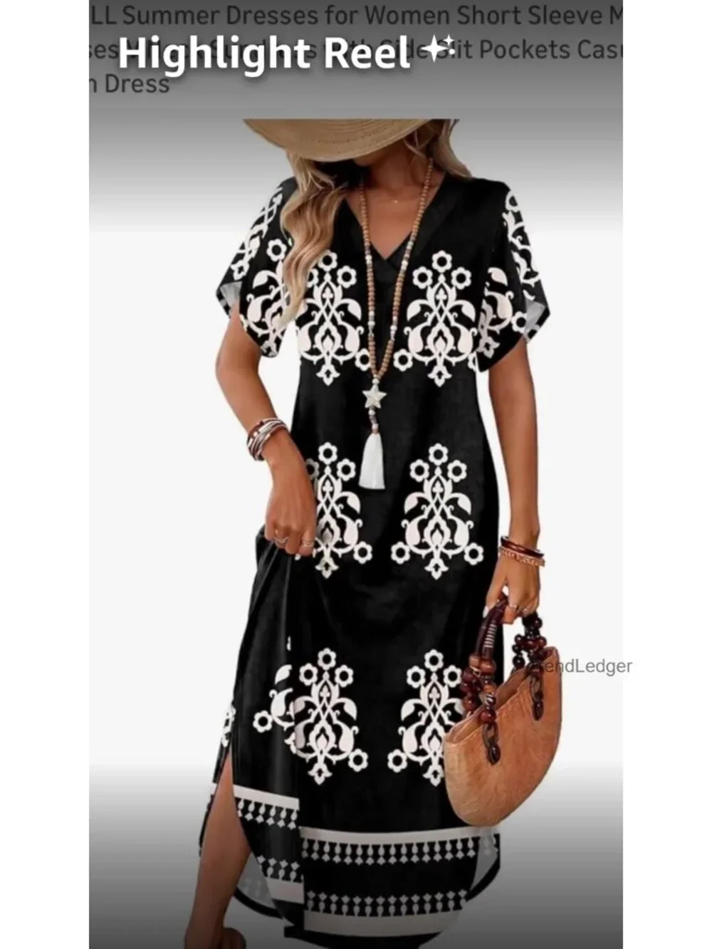 Short Sleeve Maxi Dress with Pockets Side Slit V Neck Sundress Beach Dress